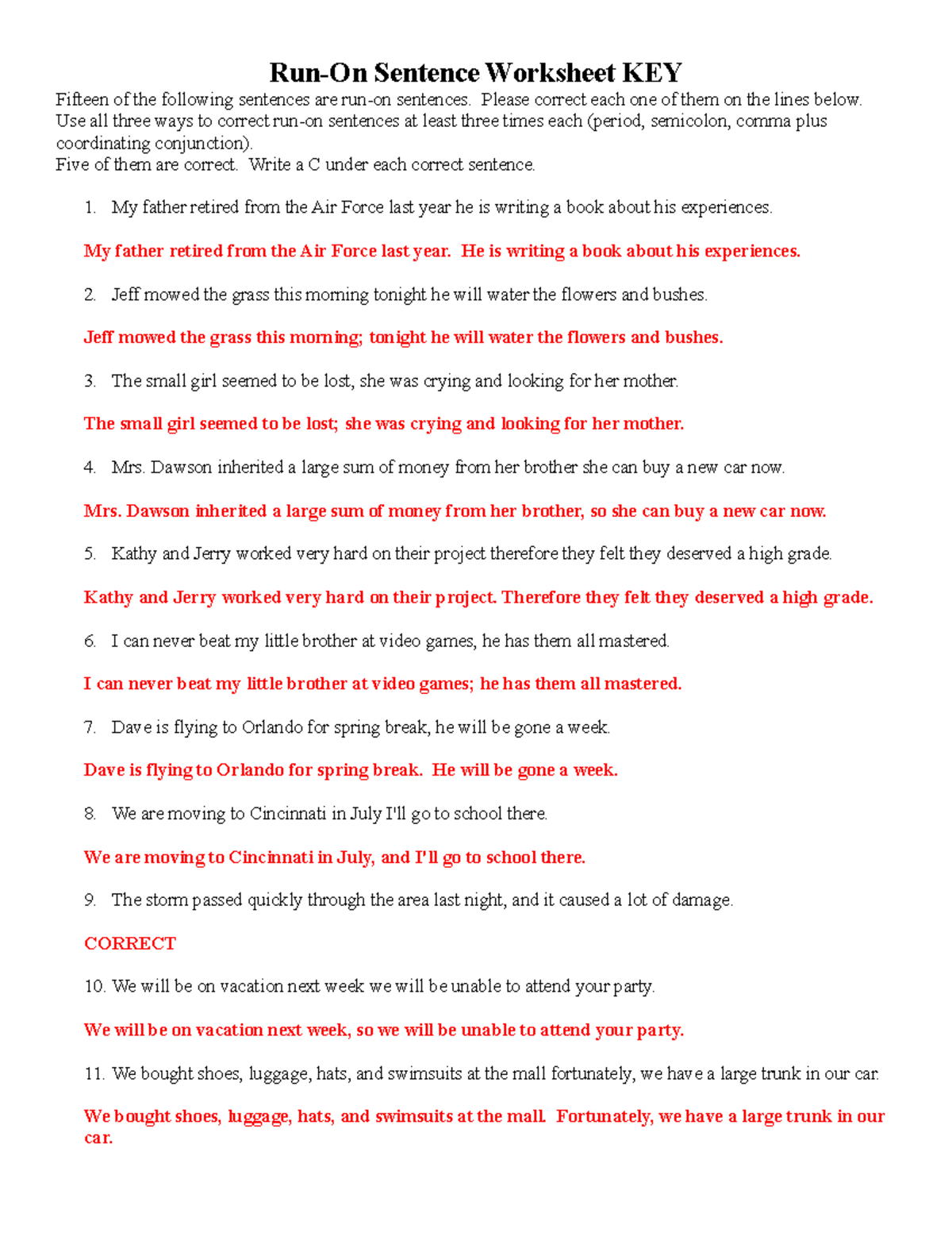Run On Sentence Correction Key Practice Worksheet Solutions Studocu