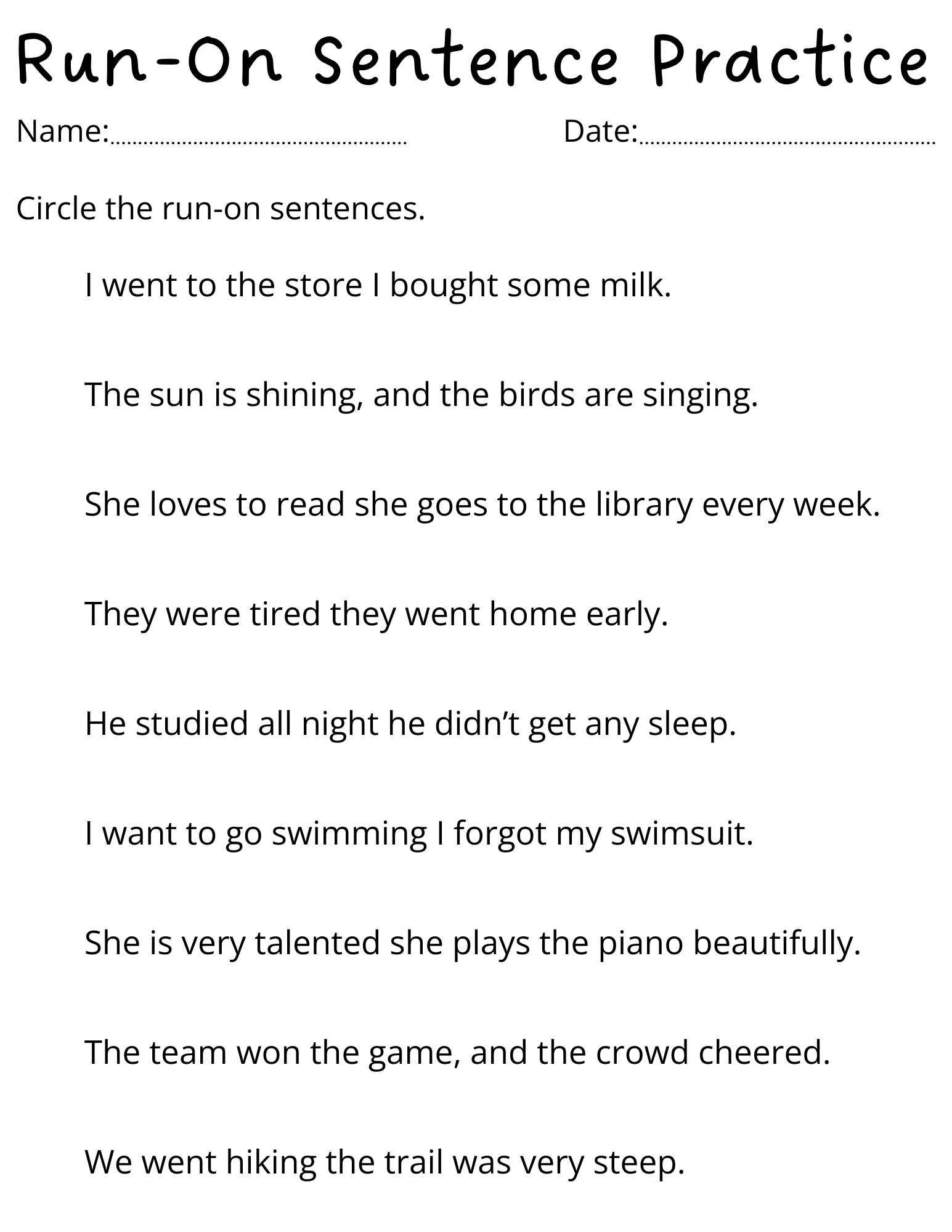 Run On Sentences Exercises Worksheet Made By Teachers