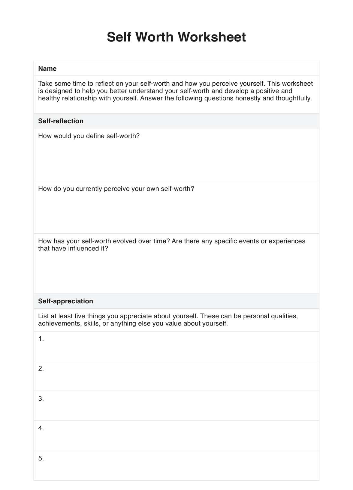Self Worth Worksheet Self Worth Worksheet