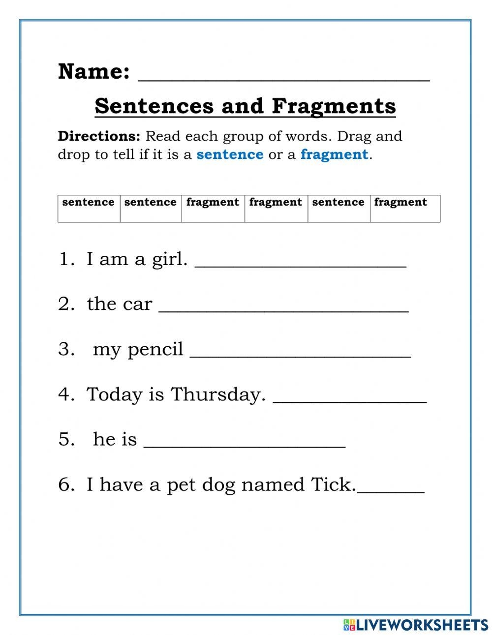 Sentences And Fragments Online Worksheet For 1 Live Worksheets Worksheets Library Sentences And Fragments Online Worksheet For 1 Live Worksheets Worksheets Library