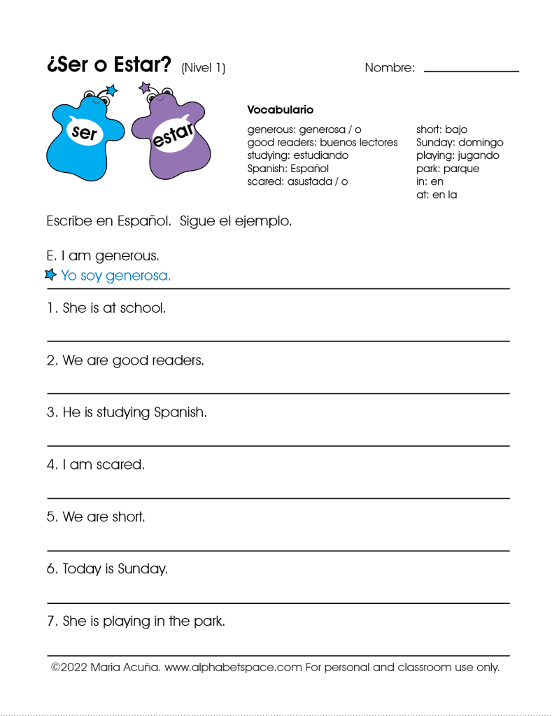ser vs estar worksheet