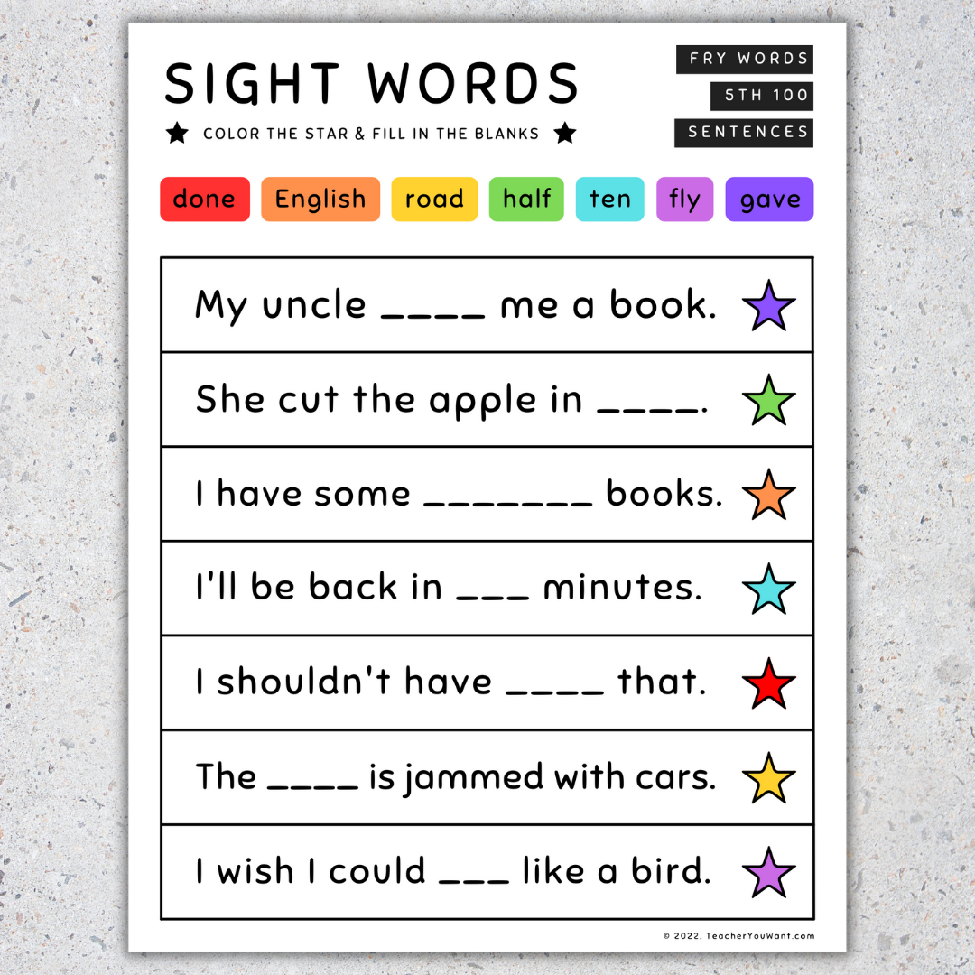 Sight Word Sentences Fill In The Blanks Fry s 5th 100 SET 7 Made By Teachers