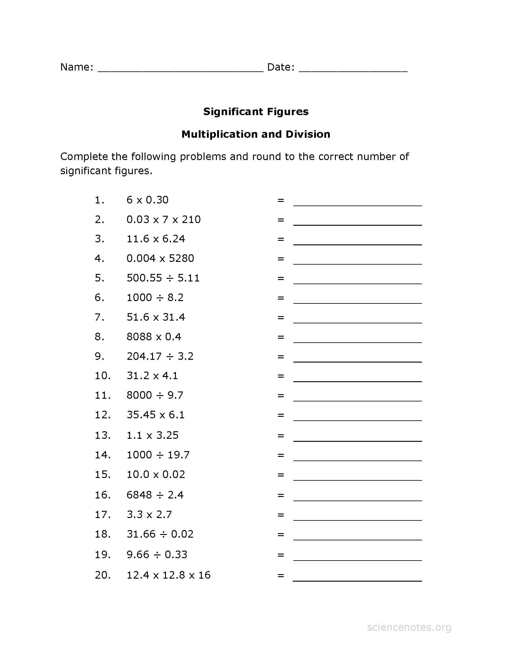 significant figures activity sheets