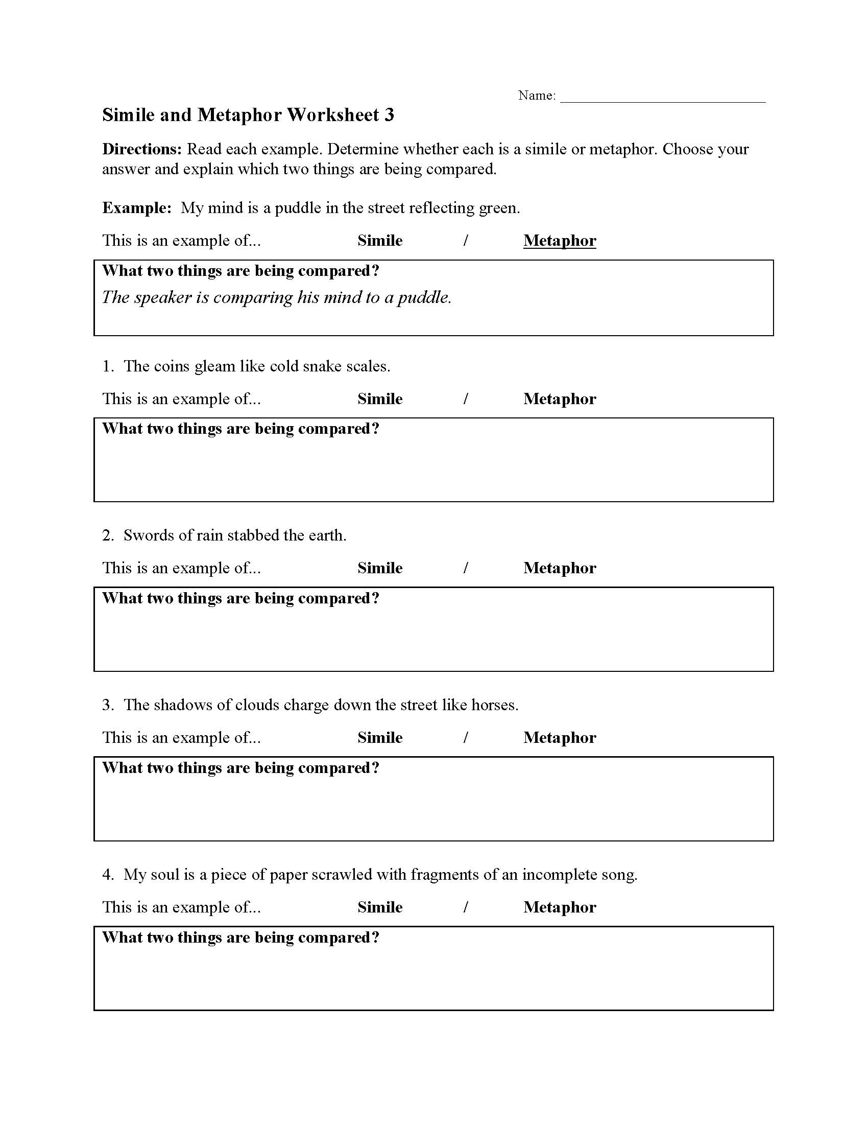 Simile And Metaphor Worksheets Ereading Worksheets