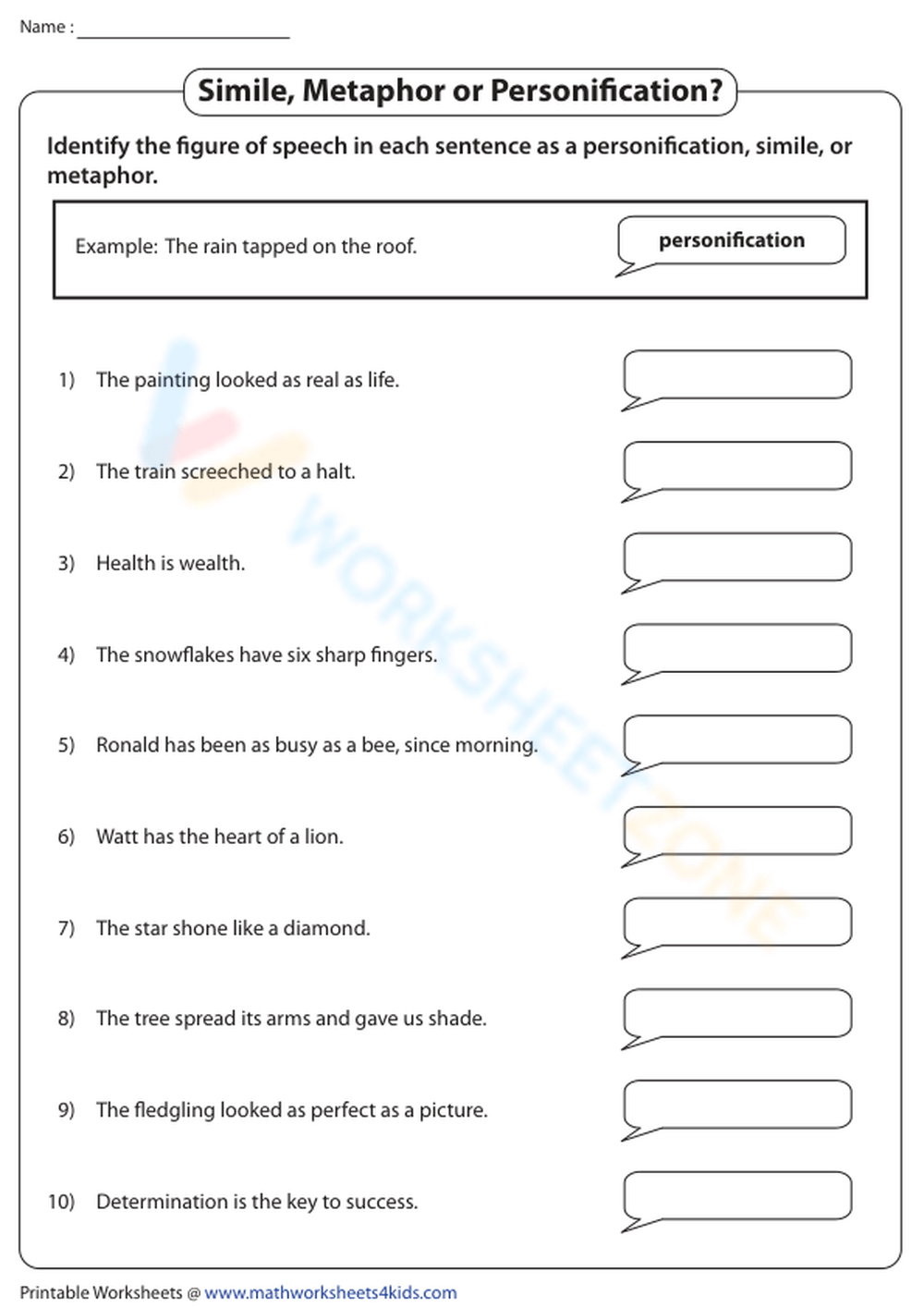 Simile Metaphor Or Personification Worksheet Worksheets Library