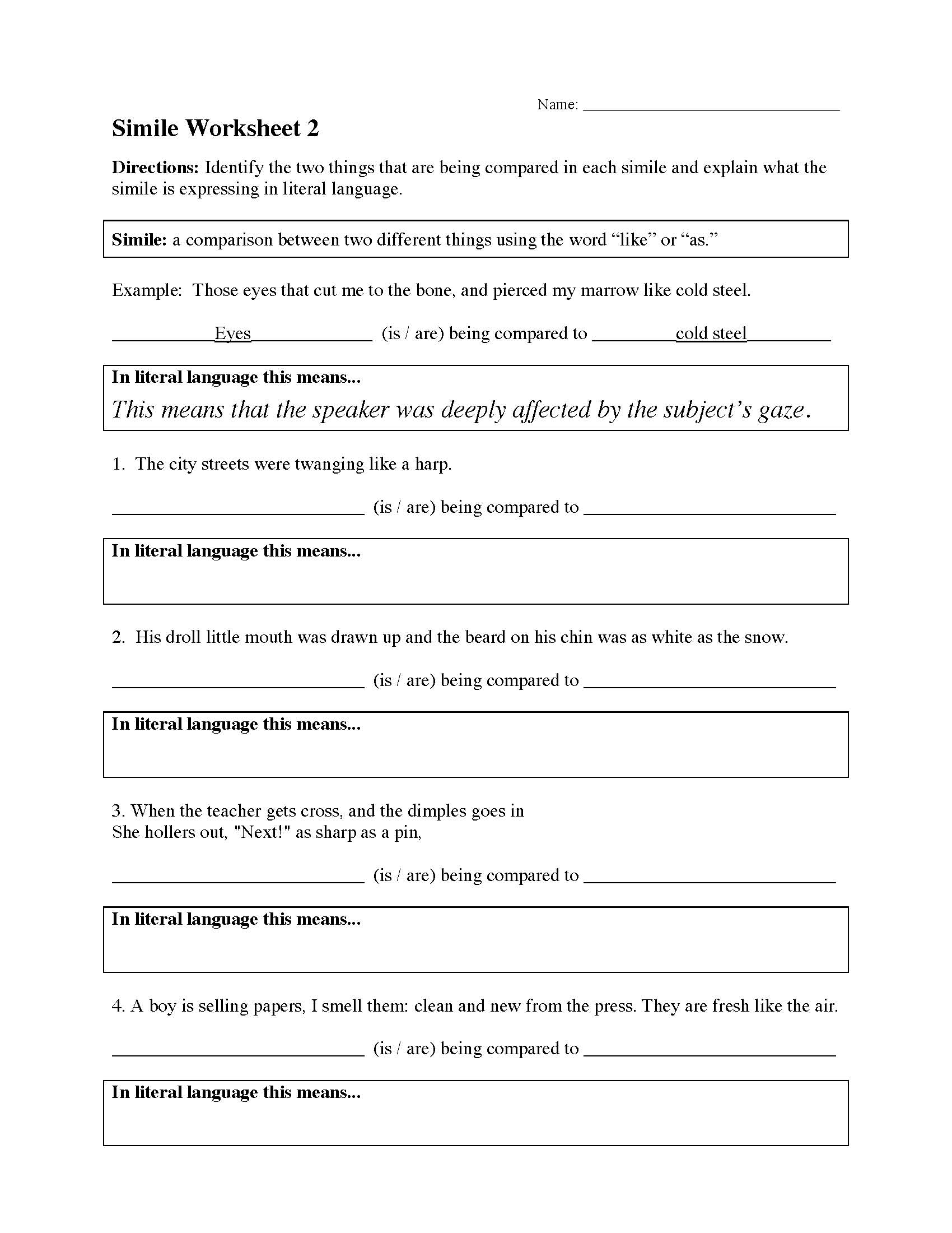 Simile Worksheet 2 Figurative Language Activity Simile Worksheet 2 Figurative Language Activity