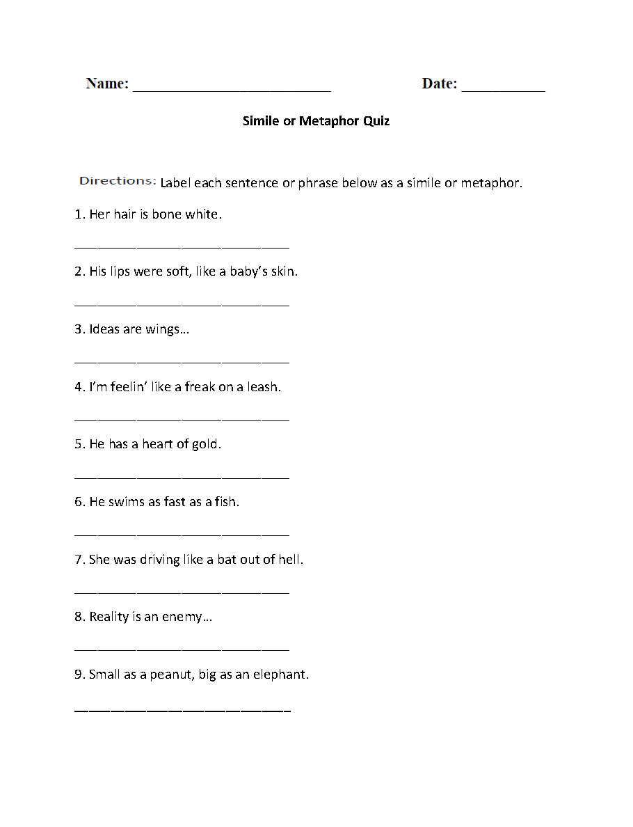 Similes Worksheets Simile Or Metaphor Quiz Worksheet Similes Worksheets Simile Or Metaphor Quiz Worksheet