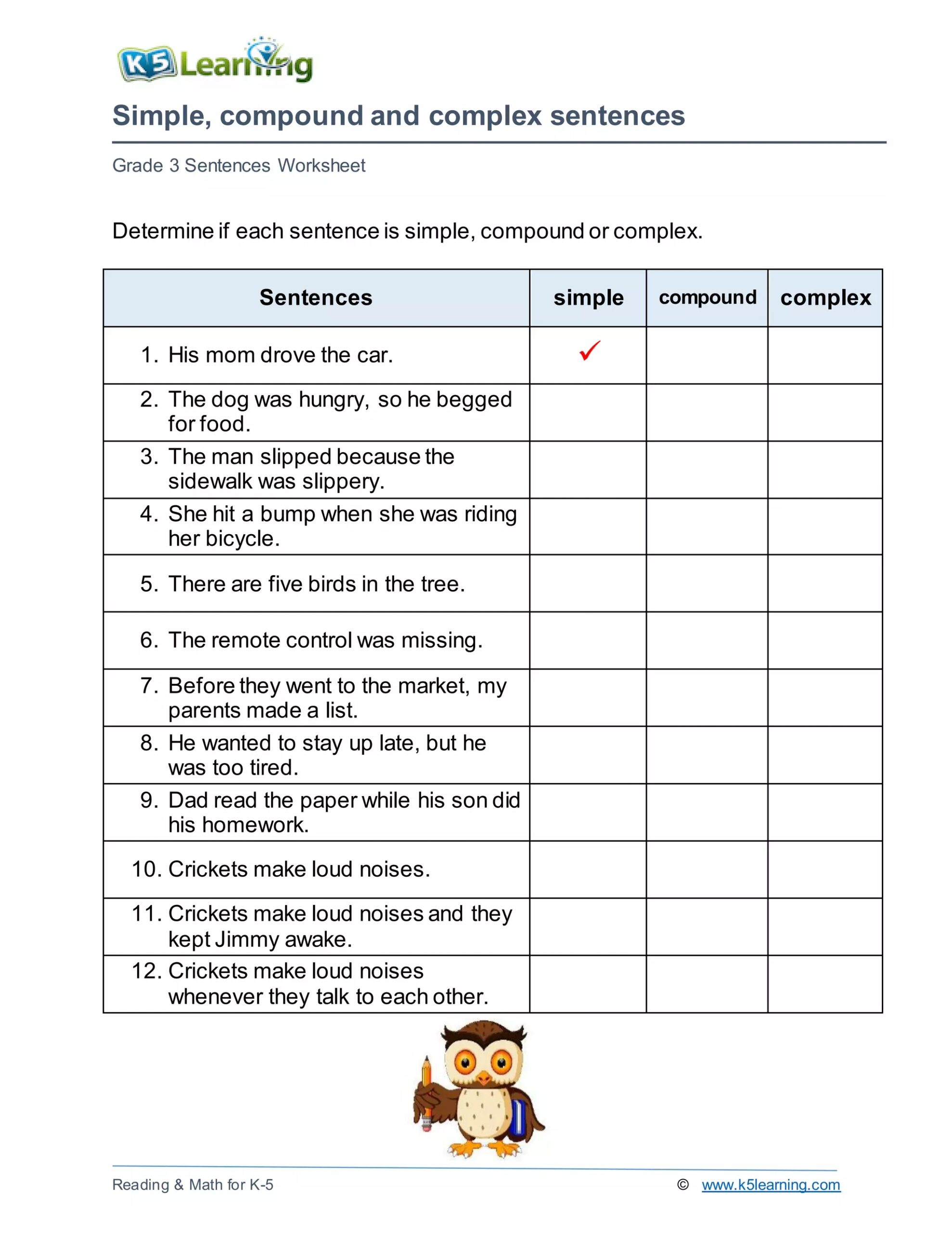 Simple Compound And Complex Sentences Worksheet 1 pdf