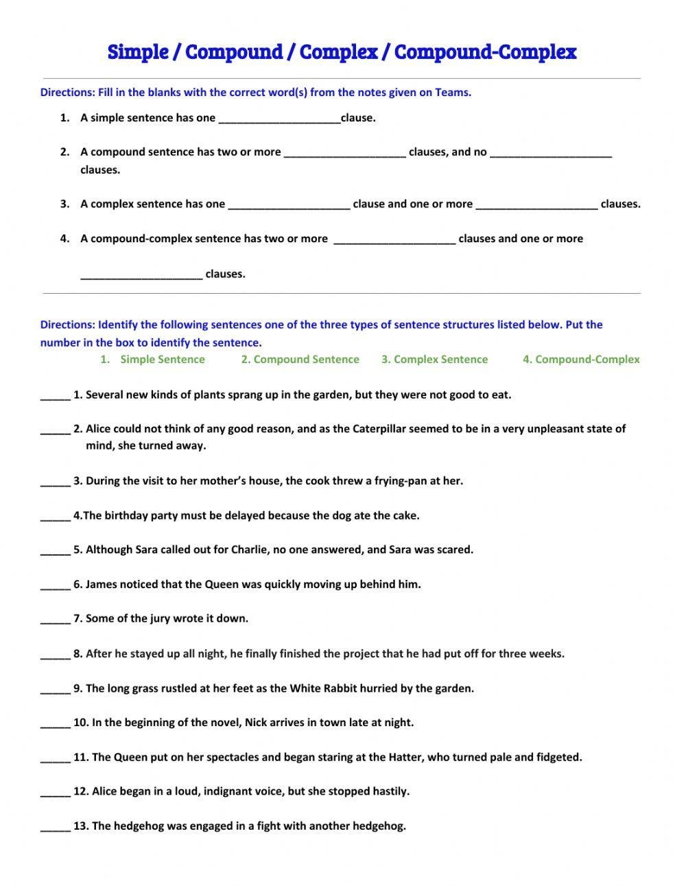 Simple Compound Complex Compound Complex Sentences Worksheet Worksheets Library Simple Compound Complex Compound Complex Sentences Worksheet Worksheets Library