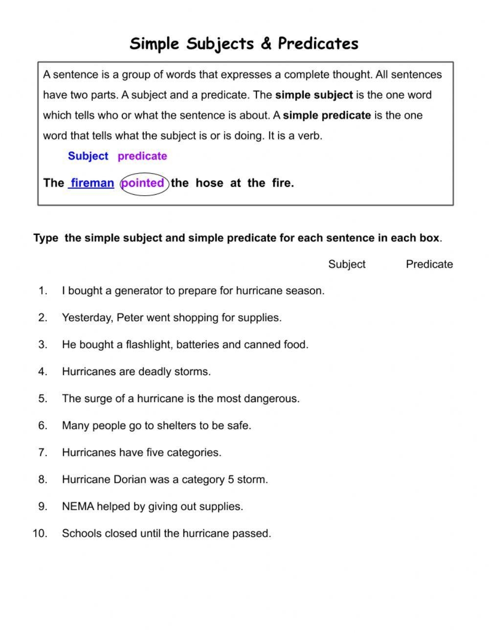 simple subject and predicate worksheets simple subject and predicate worksheets