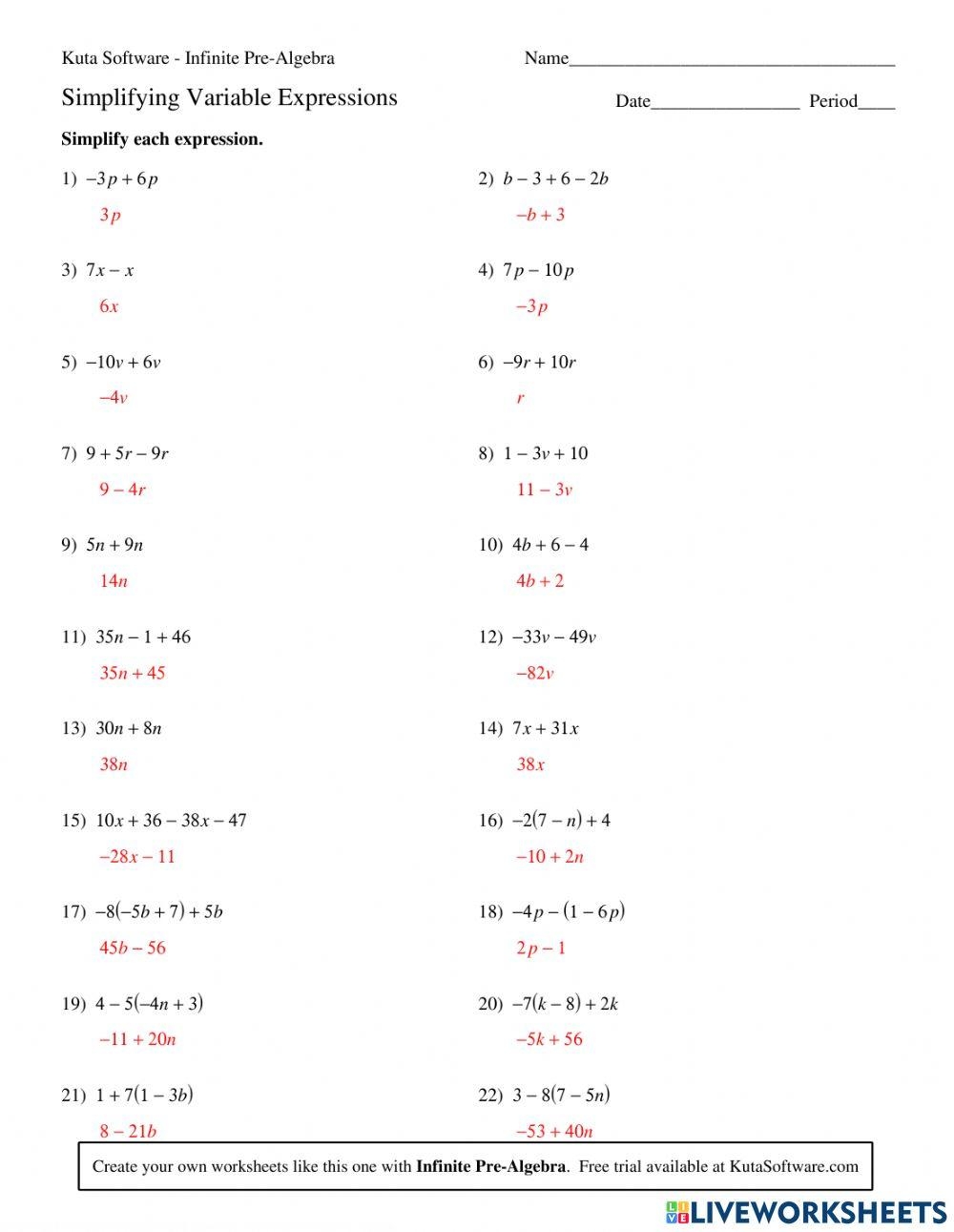 Simplify Algebraic Expression Worksheet Live Worksheets Worksheets Library