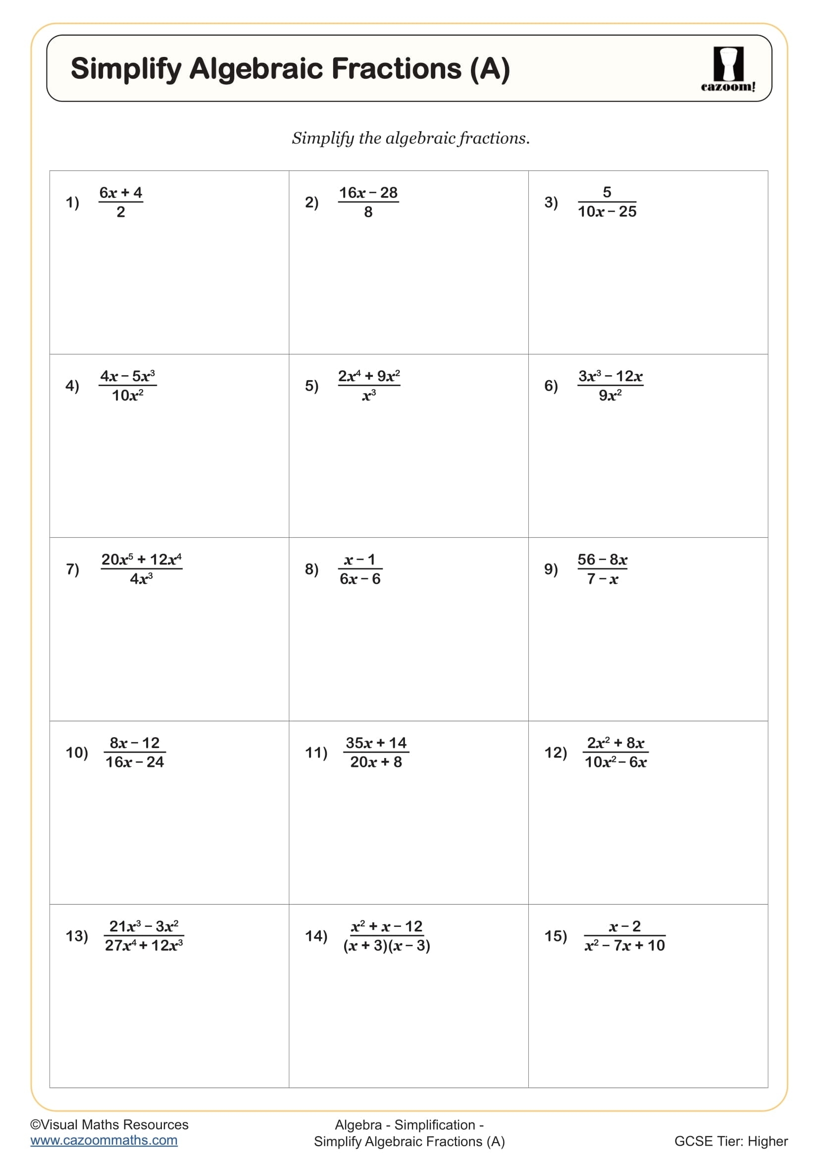 Simplify Algebraic Fractions A Worksheet Fun And Engaging Year 9 And Year 10 Algebra Worksheet