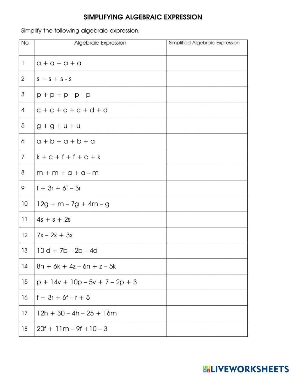 Simplifying Algebraic Expression Worksheet Live Worksheets Worksheets Library
