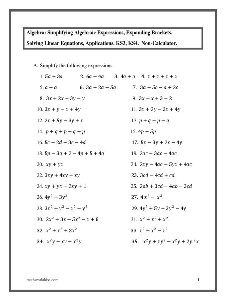 simplifying algebraic expressions worksheet