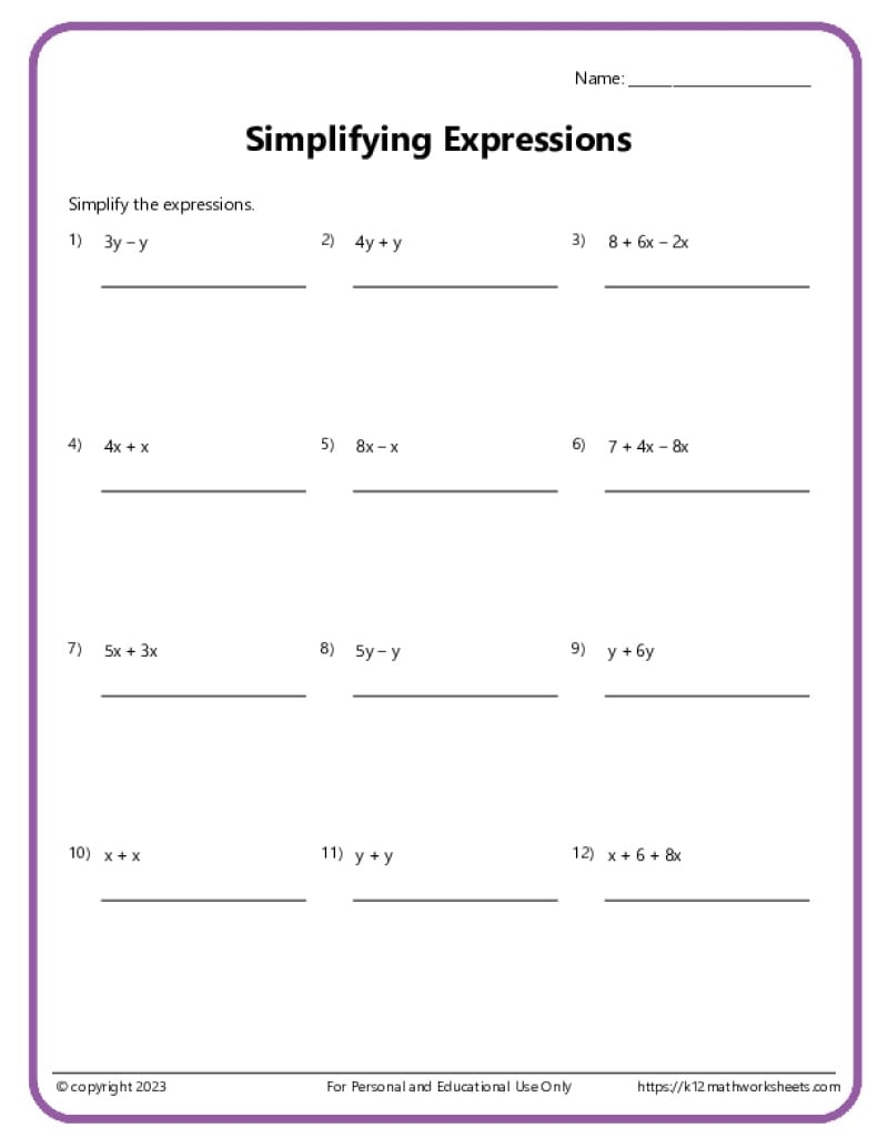 Simplifying Expressions Worksheets K12 Math Worksheets