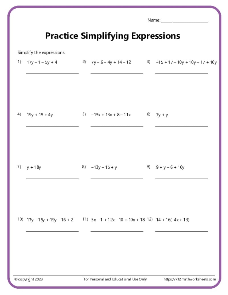 Simplifying Expressions Worksheets K12 Math Worksheets