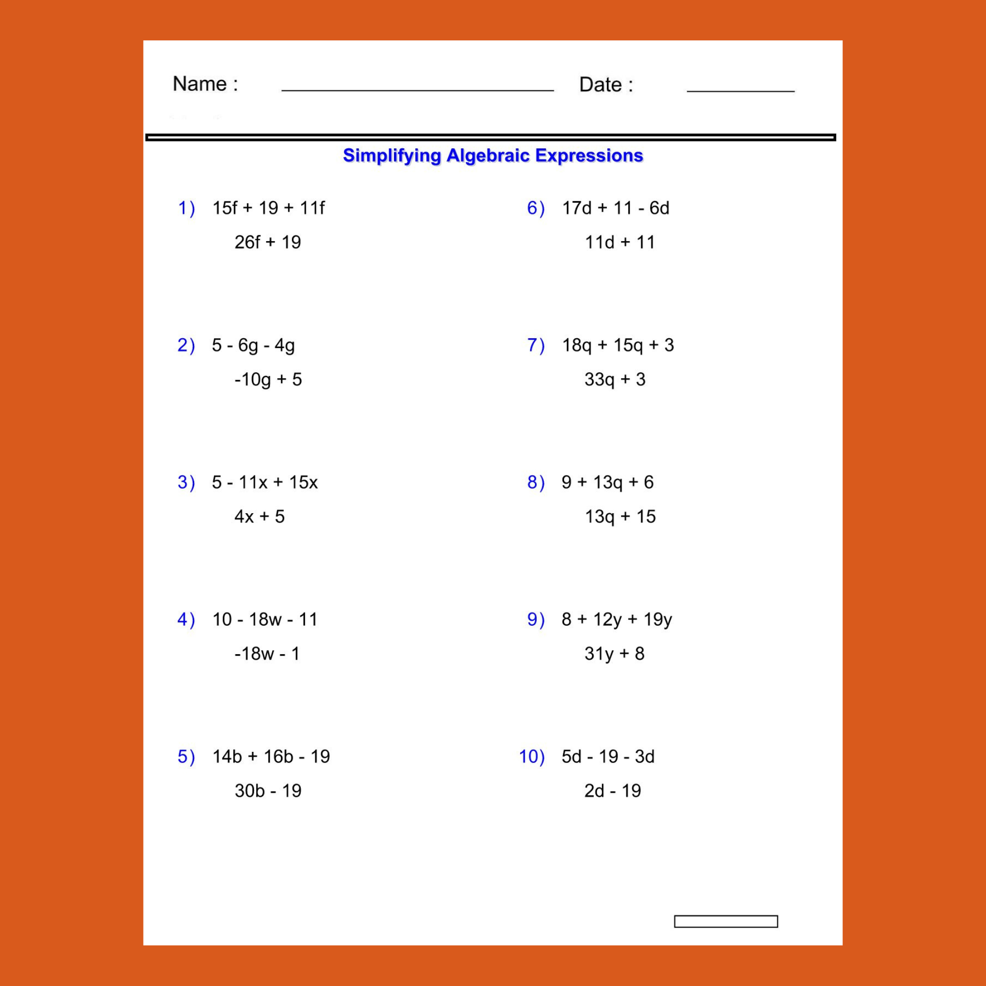 algebra worksheets simplifying expressions