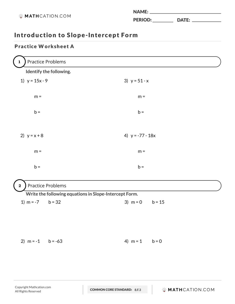 Slope Intercept Form Worksheet Examples And Equation
