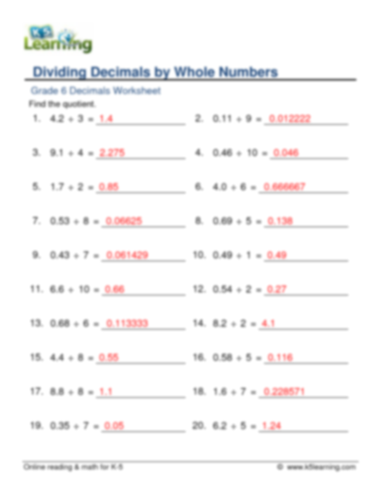 SOLUTION Grade 6 Dividing 1 2 Digit Decimals By Whole Numbers B Worksheets Library