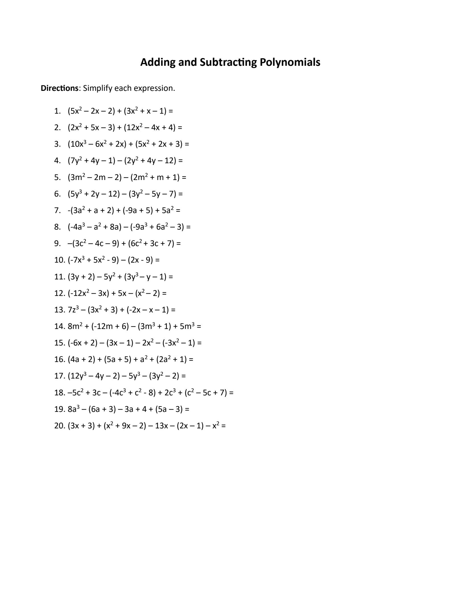 SOLUTION Math Worksheet Addition And Subtraction Of Polynomials Worksheets Library