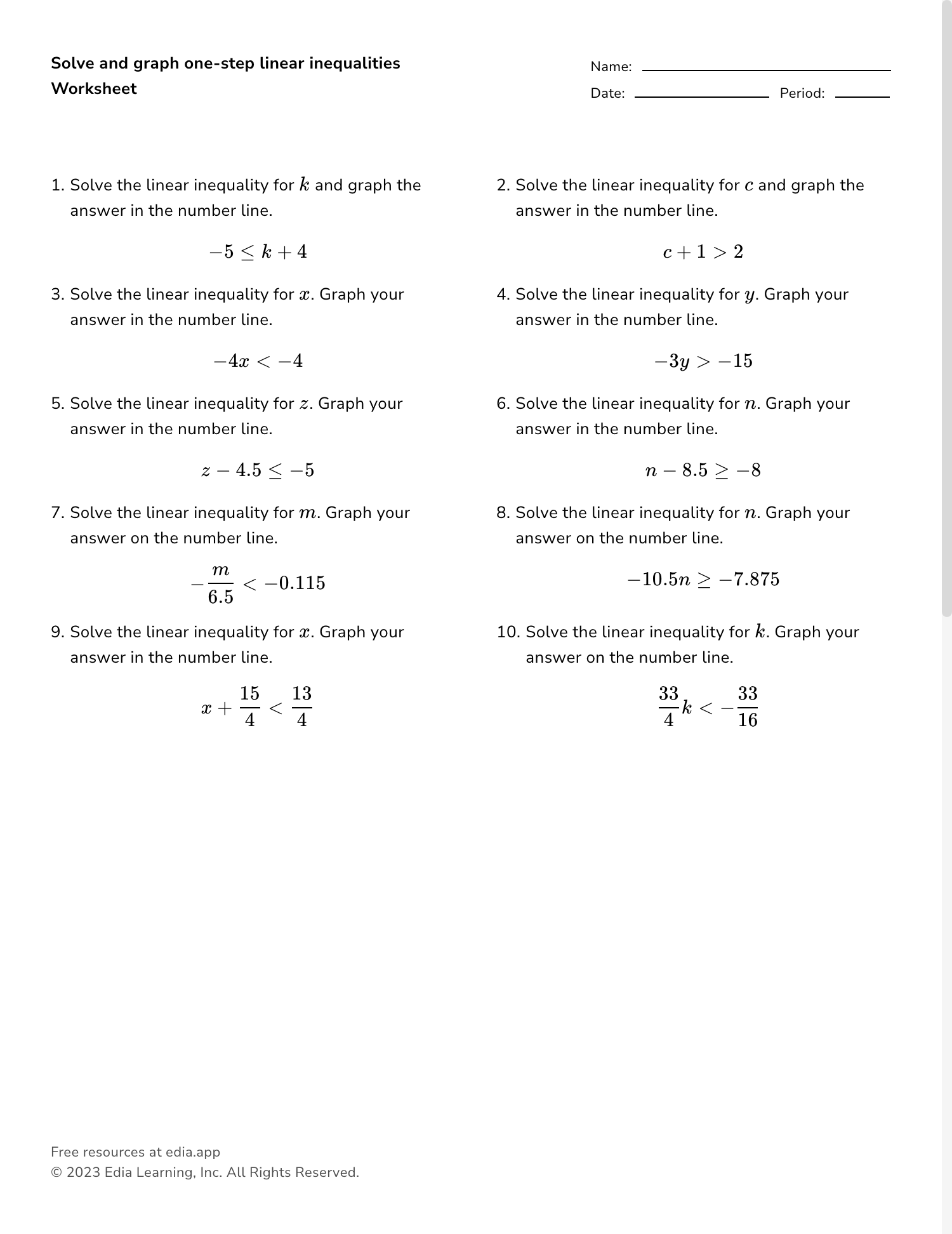 Solve And Graph One step Linear Inequalities Worksheet