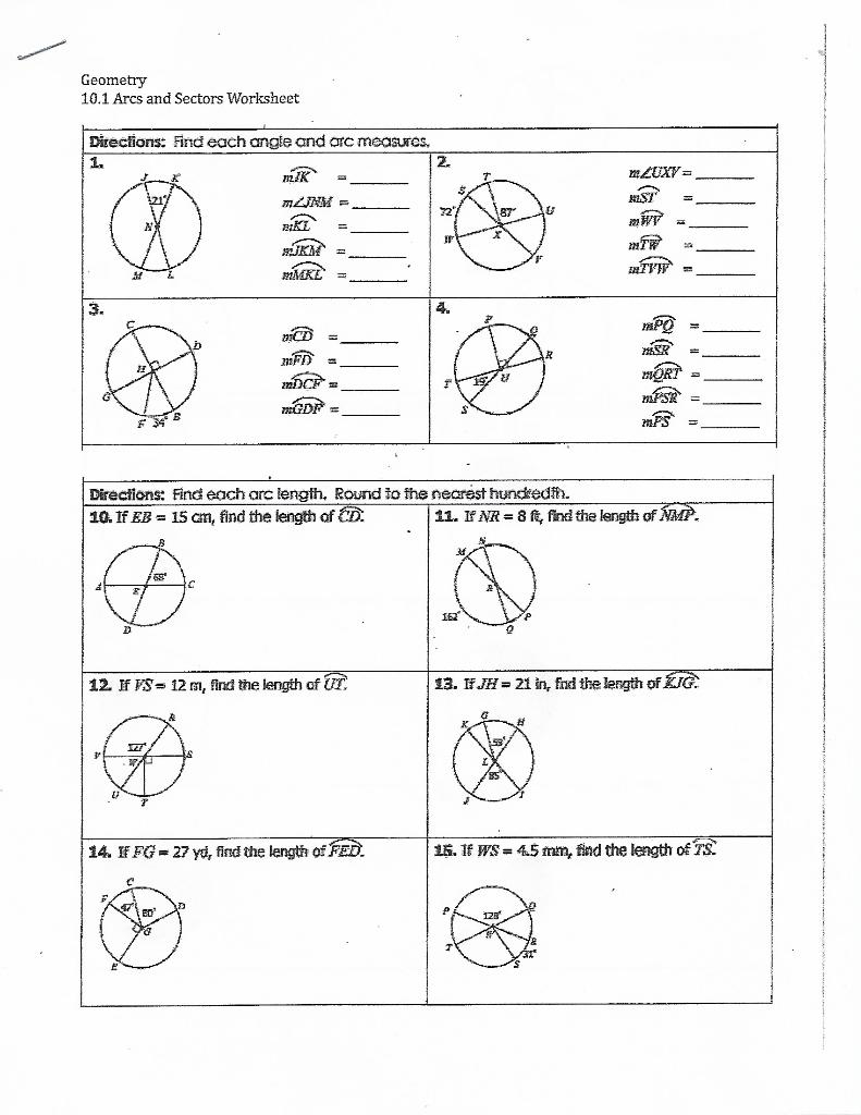 length of arc and area of sector worksheet