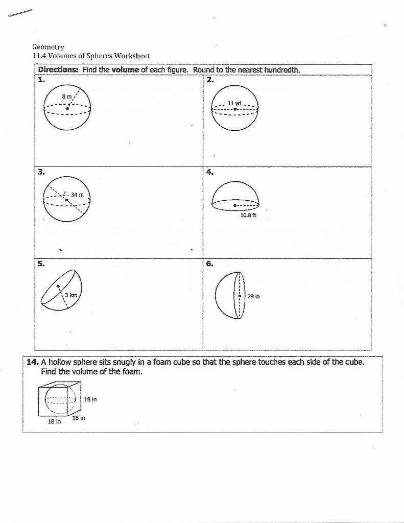 Solved Geometry 11 4 Volumes Of Spheres Worksheet Chegg Worksheets Library
