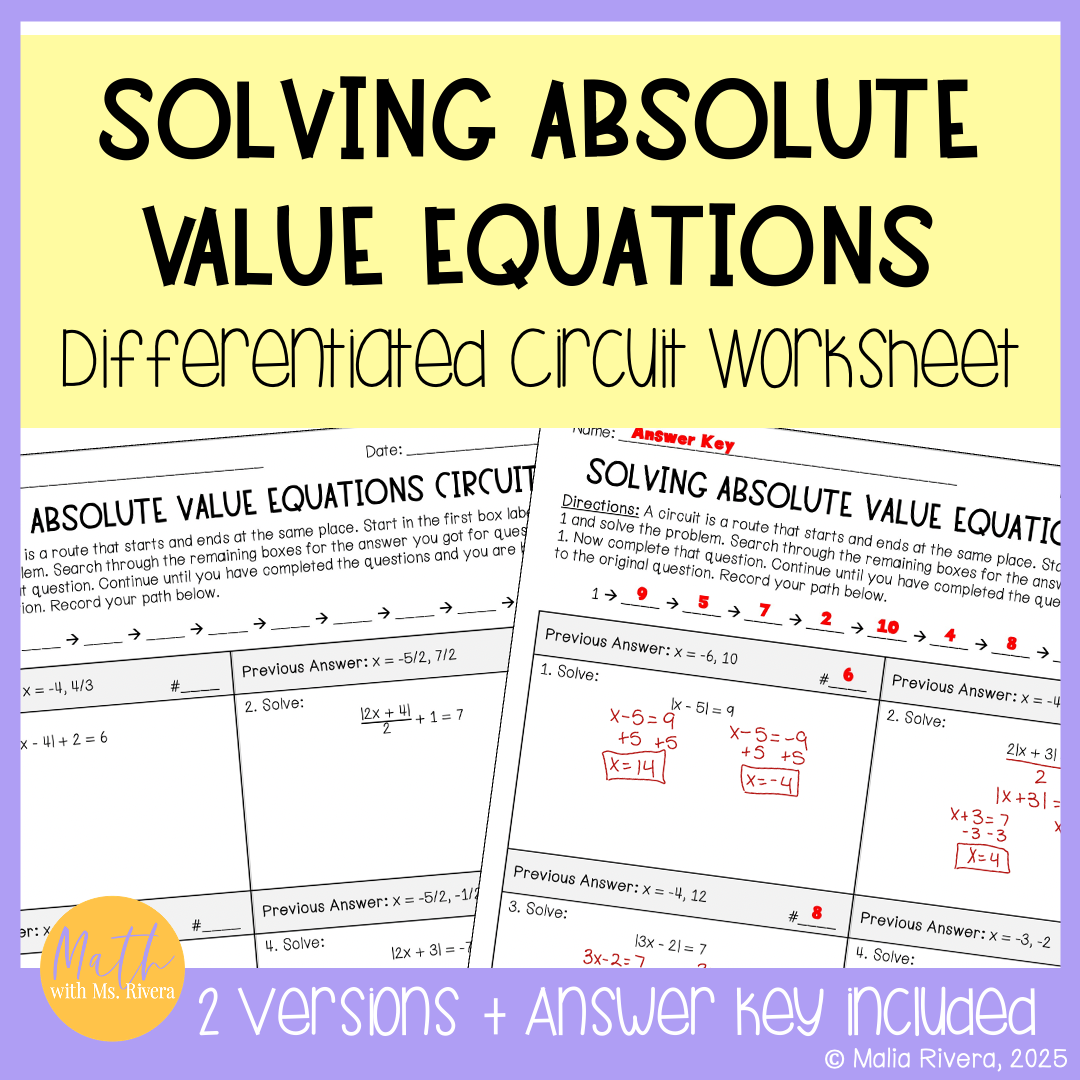 Solving Absolute Value Equations Differentiated Circuit Worksheet Algebra 2 Maila Rivera Math With Ms Rivera High School Math Resources Solving Absolute Value Equations Differentiated Circuit Worksheet Algebra 2 Maila Rivera Math With Ms Rivera High School Math Resources
