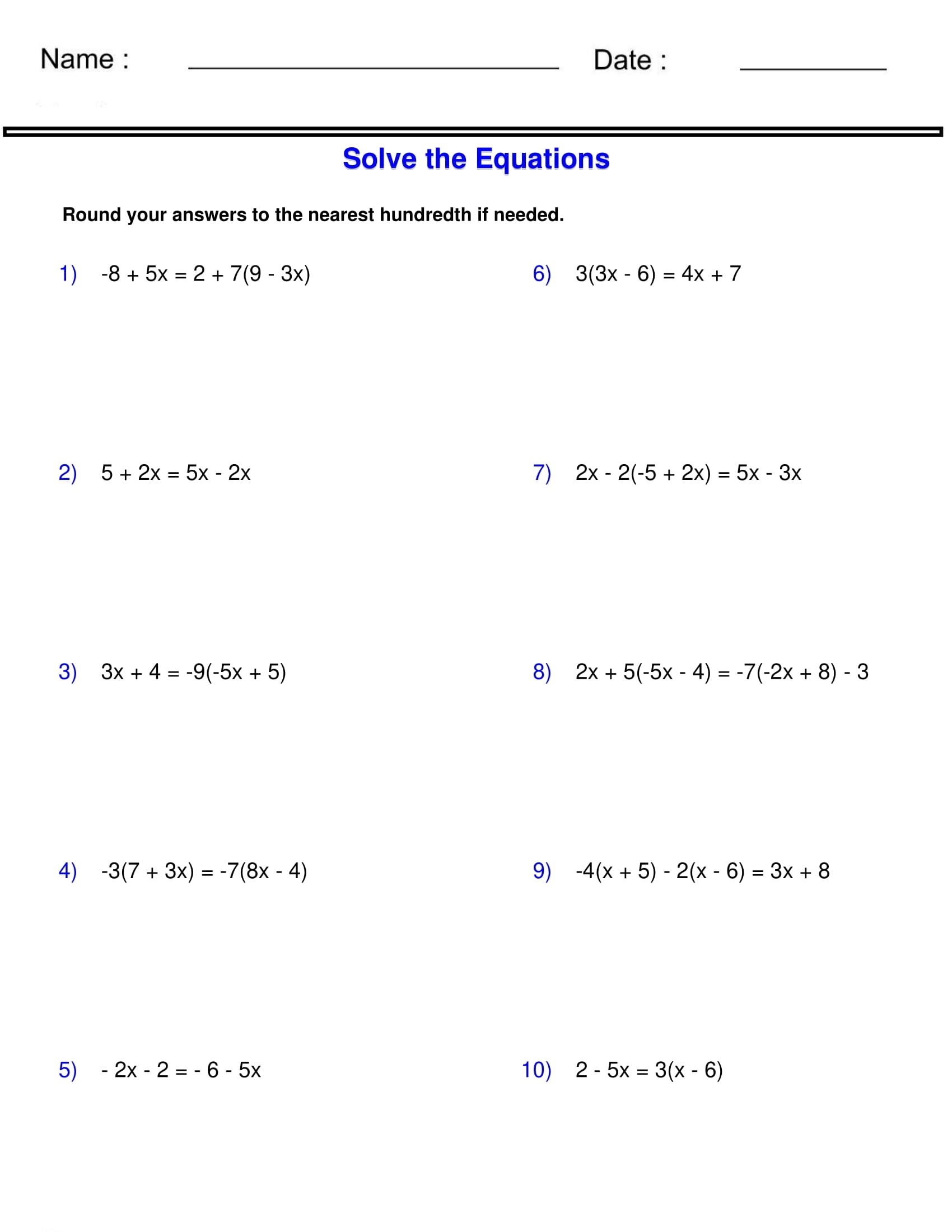 Solving Equations With Variables On Both Sides Worksheet Made By Teachers