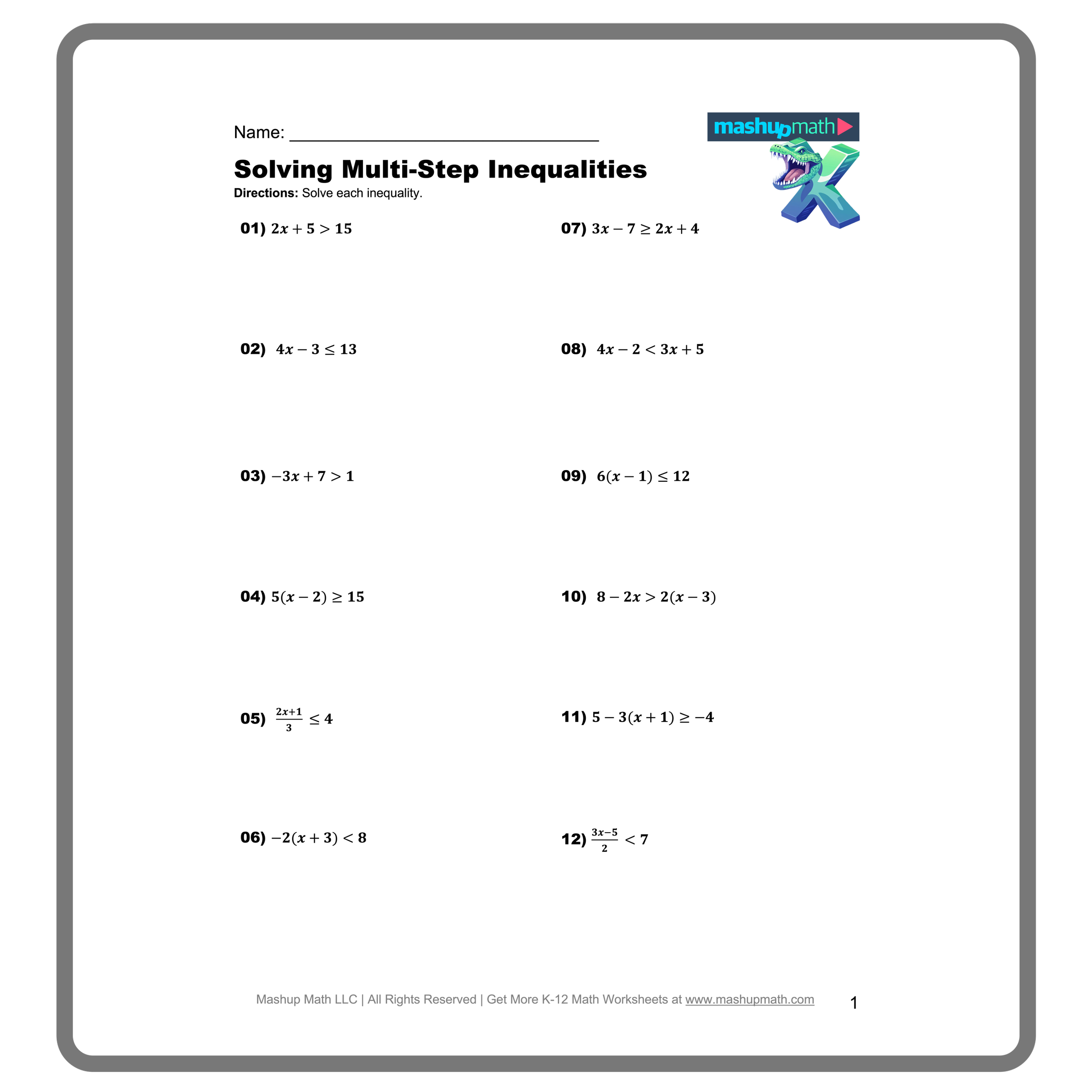 solving one step inequalities worksheet