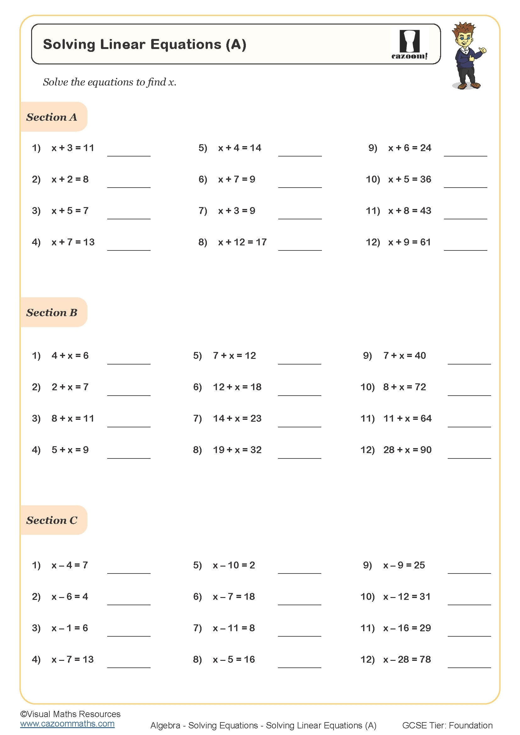 Solving Linear Equations C Worksheet Printable Maths Worksheets Solving Linear Equations C Worksheet Printable Maths Worksheets