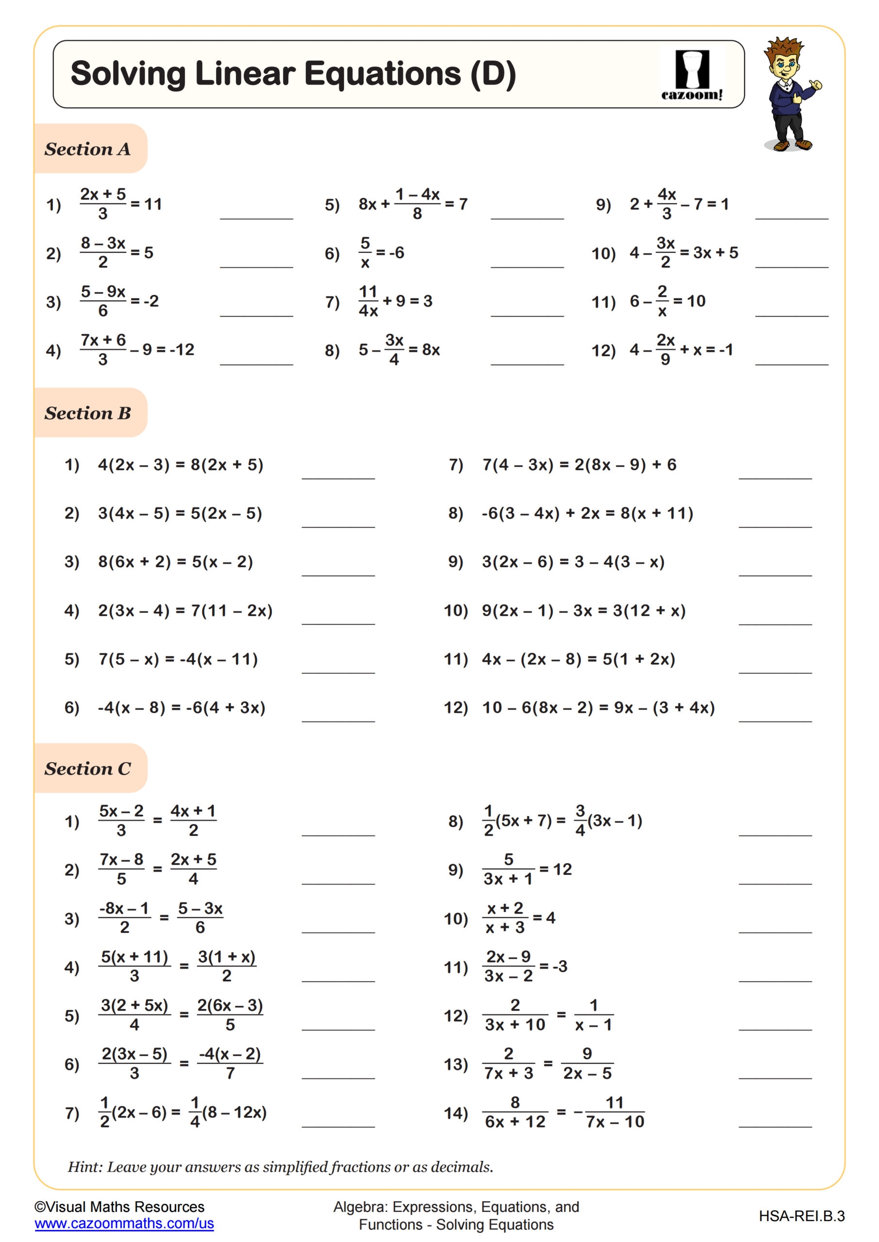 Solving Linear Equations Without Negatives Worksheet Fun And Engaging Algebra I PDF Worksheets Cazoom Math
