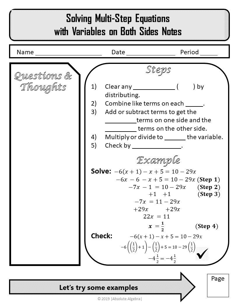 solving equations with variables on each side worksheet