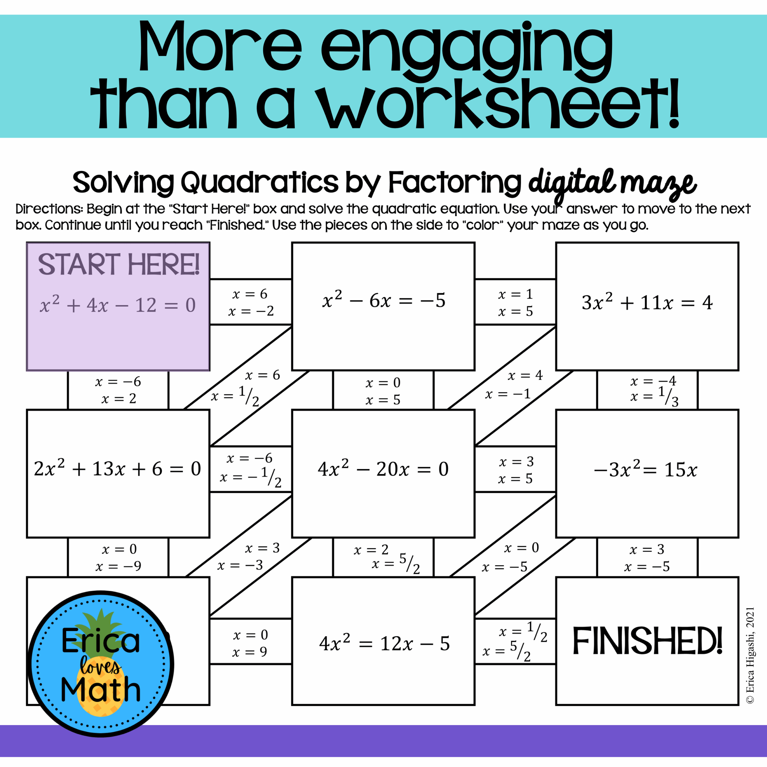Solving Quadratic Equations By Factoring Digital Activity Maze Made By Teachers