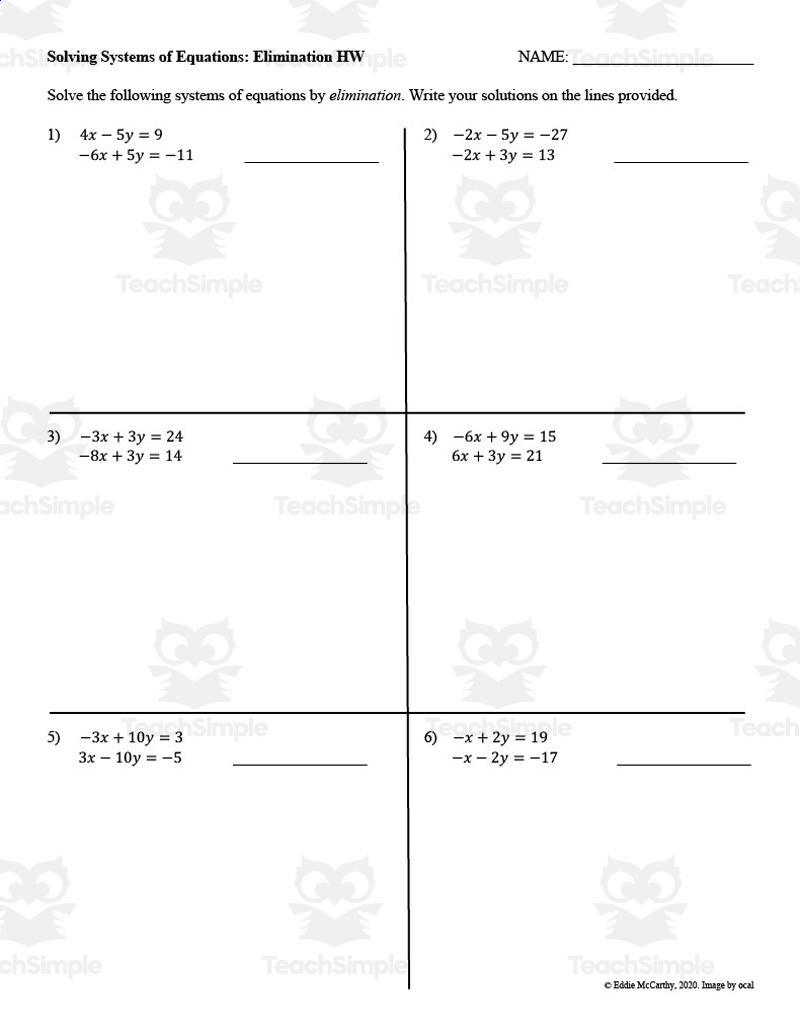 systems of equations elimination worksheet