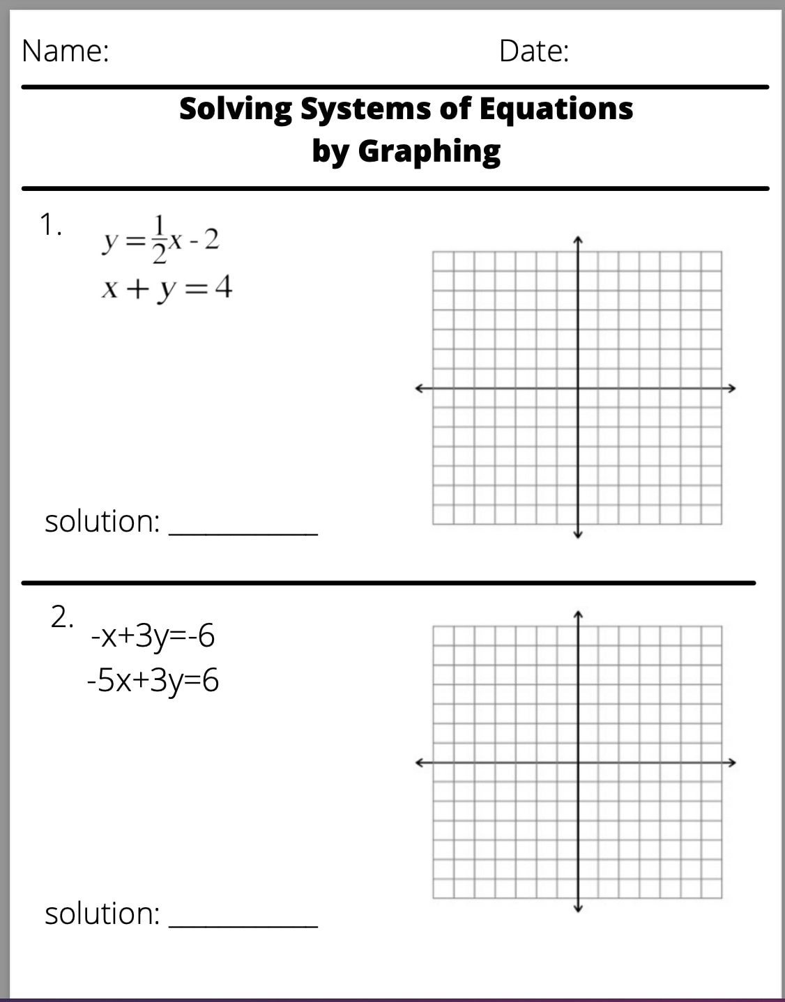 Solving Systems Of Equations By Graphing Worksheet Etsy