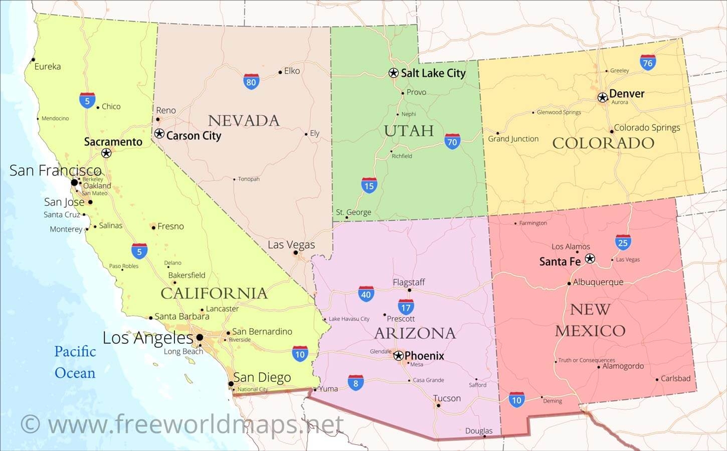 Southwestern US Political Map By Freeworldmaps