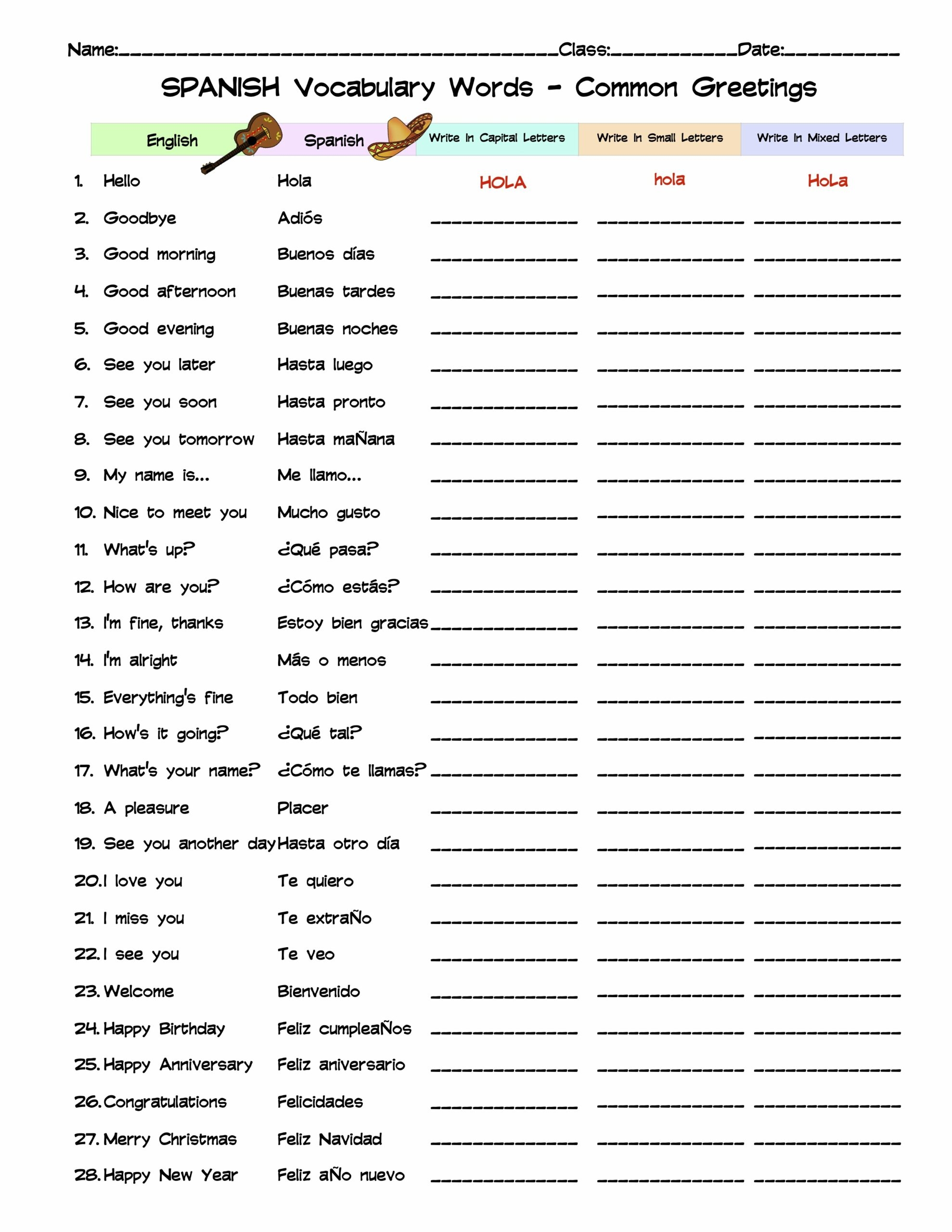 spanish to english worksheets
