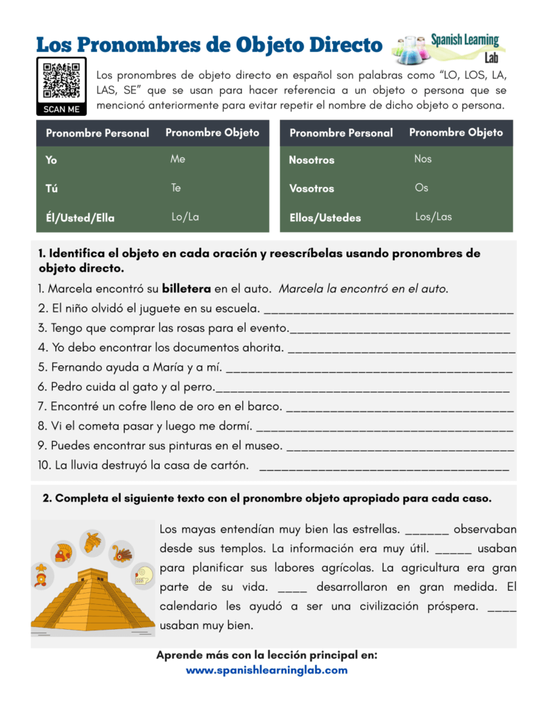 Spanish Direct Object Pronouns PDF Worksheet Spanish Learning Lab Spanish Direct Object Pronouns PDF Worksheet Spanish Learning Lab