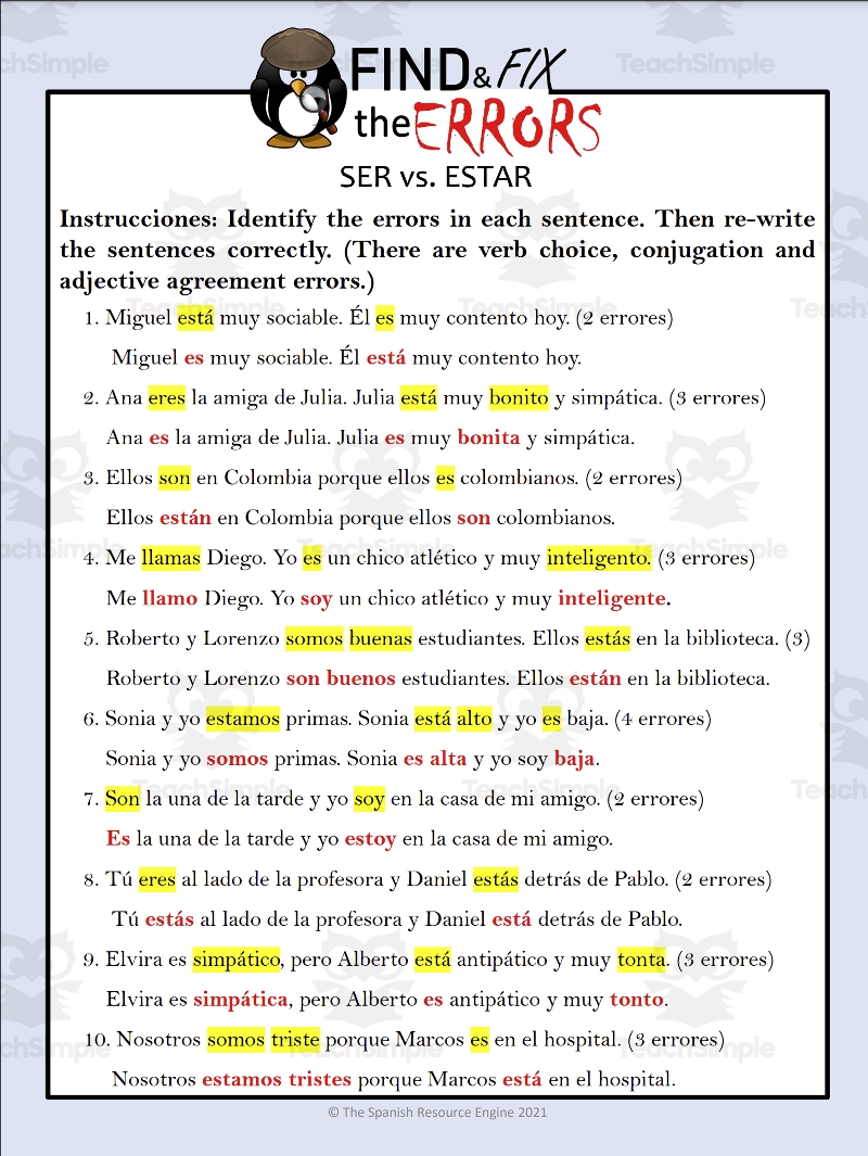 Spanish Find Errors With Ser Vs Estar Verbs And Fix Them By Teach Simple