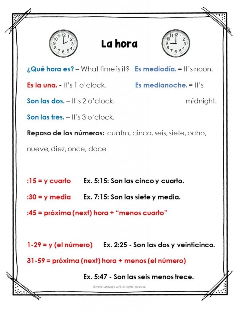 Spanish Time Activities Lessons Secondary Spanish Space Worksheets Library