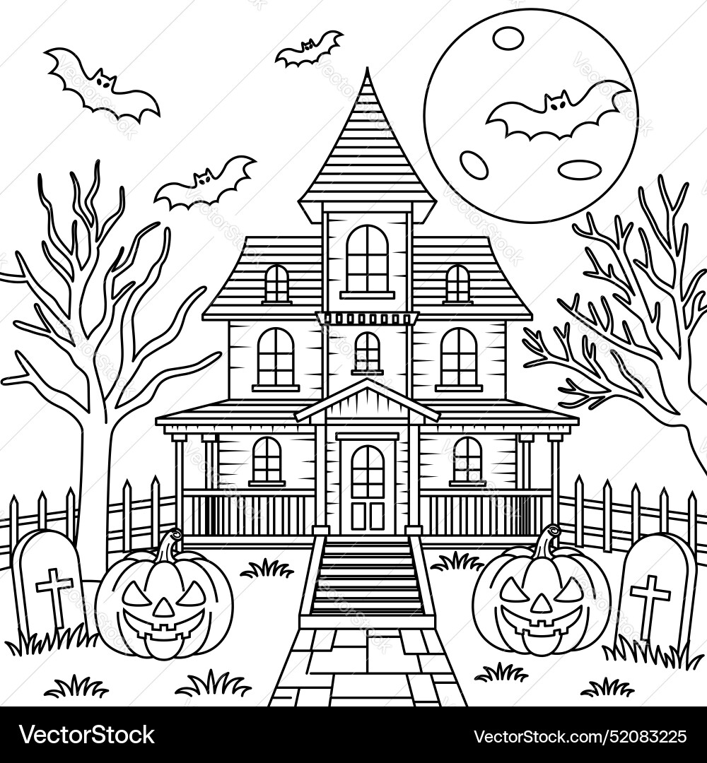 Spooky Halloween Mansion Coloring Page Royalty Free Vector