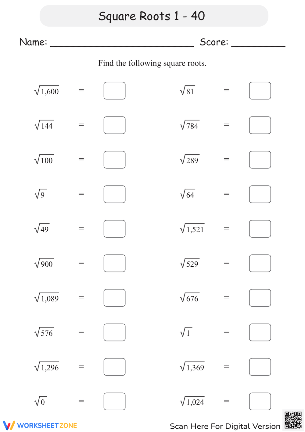 Square Roots Worksheets Square Roots Worksheets