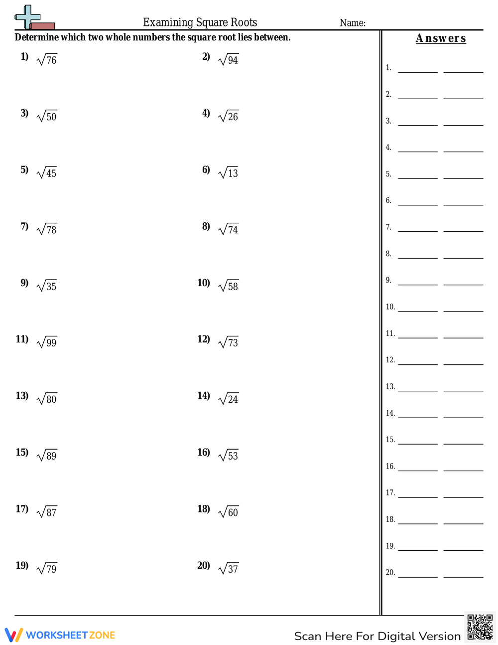 squares and square roots worksheet