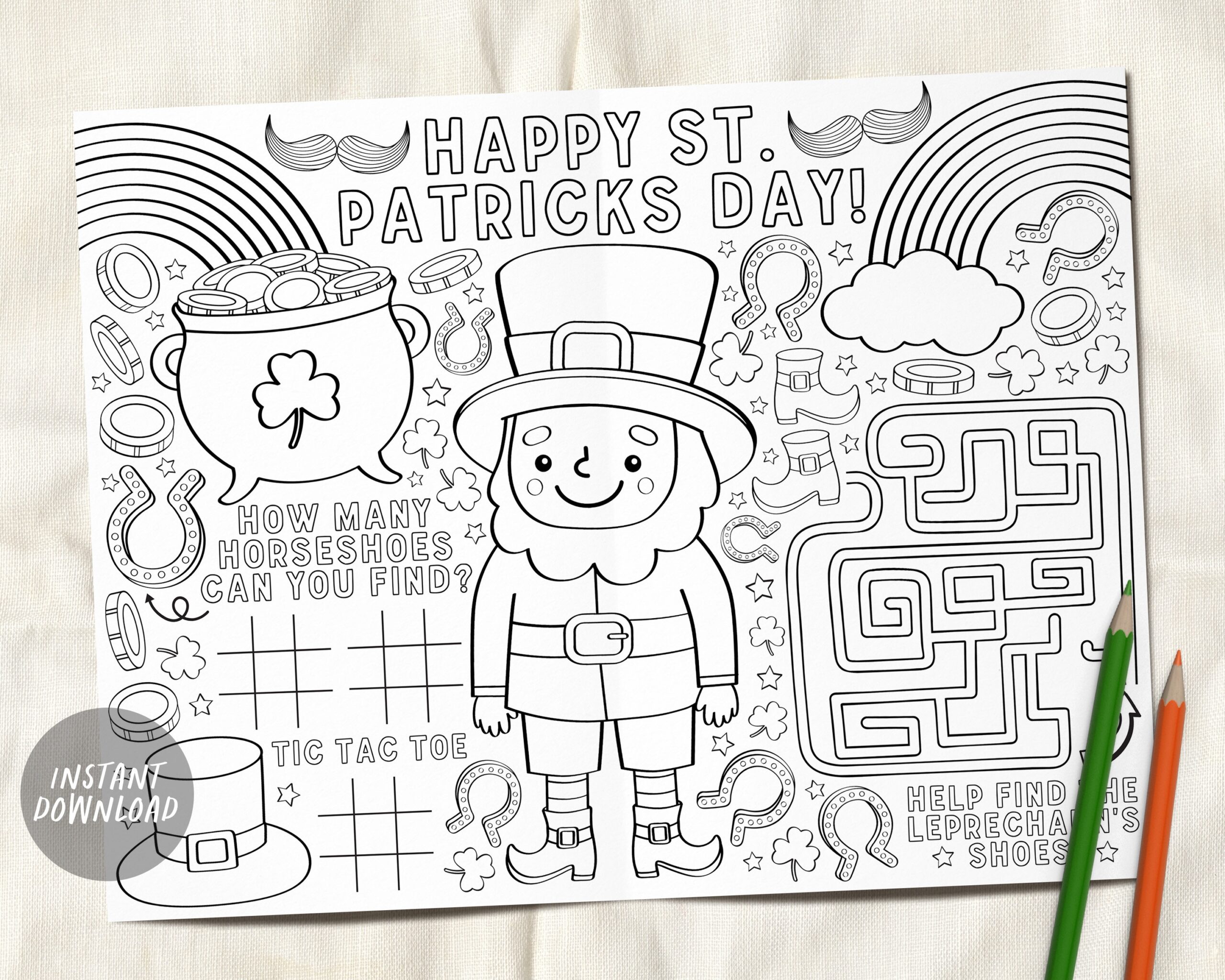 St Patricks Day Coloring Placemat For Kids Printable Saint Patty s Spring Coloring Page Activity Sheet Table Mat Games Instant Download Etsy