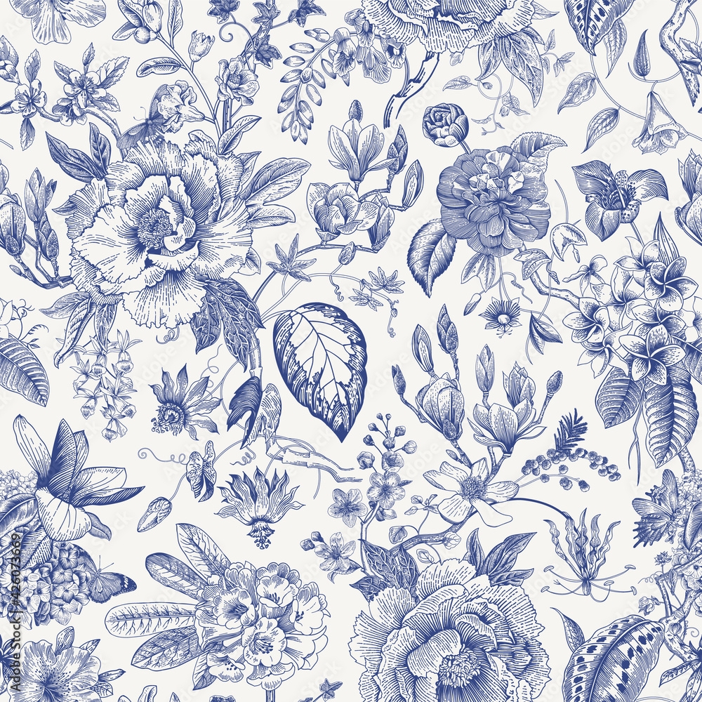 Stock Vektorgrafik Bloom Vintage Floral Seamless Pattern Spring Flowers Blue And White Chinoiserie Adobe Stock Stock Vektorgrafik Bloom Vintage Floral Seamless Pattern Spring Flowers Blue And White Chinoiserie Adobe Stock