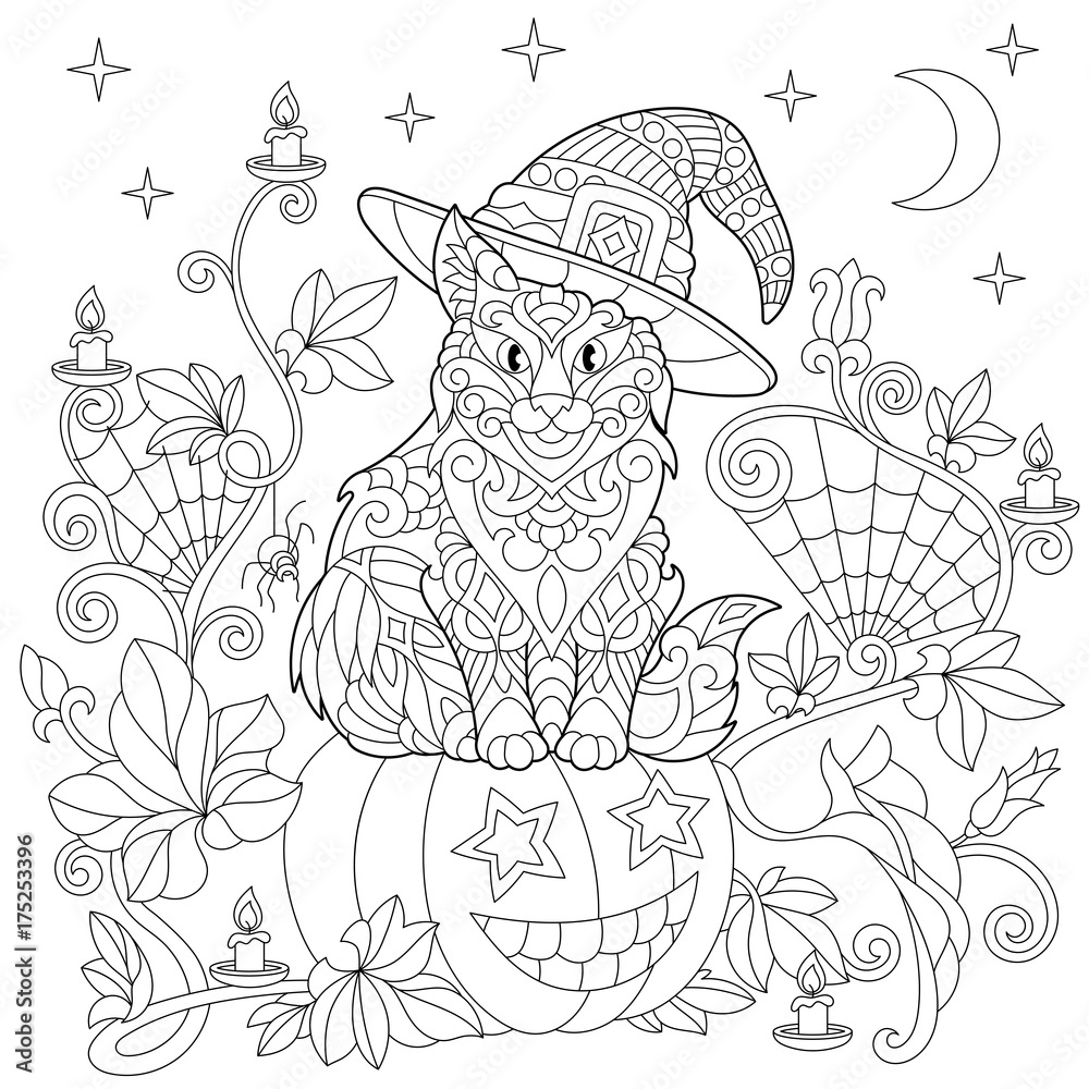Stock Vektorgrafik Halloween Coloring Page Cat In A Hat Halloween Pumpkin Spider Web Lanterns With Candles Moon And Stars Freehand Sketch Drawing For Adult Antistress Coloring Book In Zentangle Style Adobe Stock