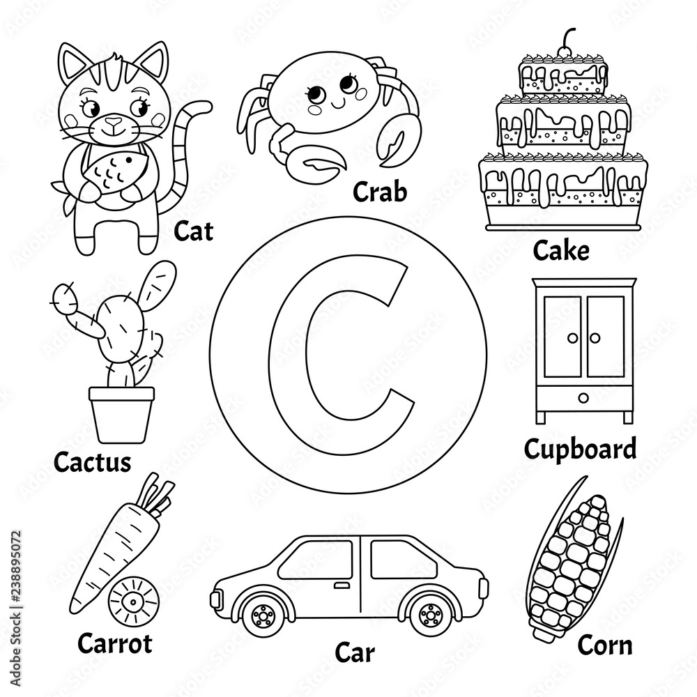 Stock Vektorgrafik Learning Card Alphabet Letter C Set Of Cute Cartoon Illustrations Coloring Page Adobe Stock