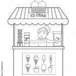 Stock Vektorgrafik Vector Black And White Ice Cream Stall With Seller Line Ice cream Stand Illustration Beach Dessert Shop Contour Cute Summer Coloring Page For Kids Adobe Stock