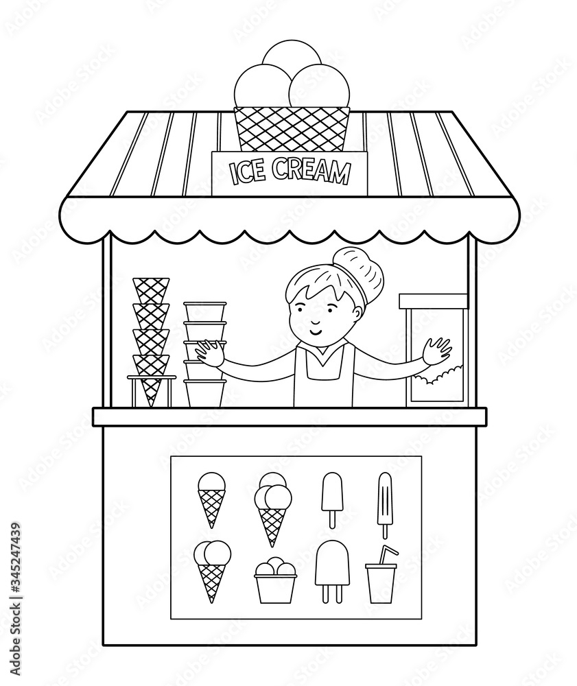 Stock Vektorgrafik Vector Black And White Ice Cream Stall With Seller Line Ice cream Stand Illustration Beach Dessert Shop Contour Cute Summer Coloring Page For Kids Adobe Stock